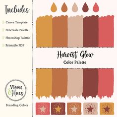 the color palettes for harvest glow are shown in different shades and sizes, including red, orange, yellow, pink, brown