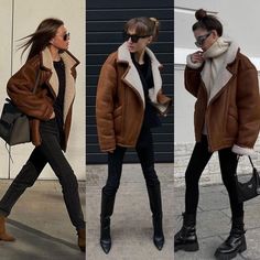 Moto Jacket Outfit, Winter Jacket Outfits, Nyc Outfits, Sheepskin Jacket, Sheepskin Coat, Aviator Jackets, Looks Street Style, Jacket Outfit