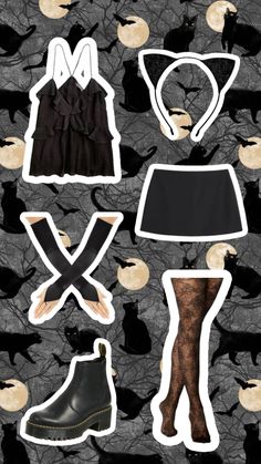 several different types of clothes and shoes on a black background with white circles around them