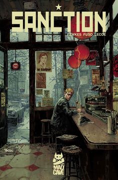 a man sitting at a bar in front of a window