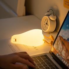 a person using a laptop computer with a lamp on top of the keyboard and mouse