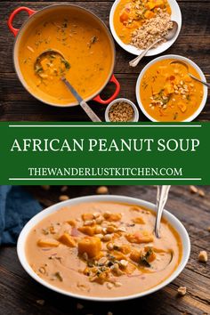 two bowls of african peanut soup on a wooden table