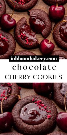 chocolate cherry cookies with red sprinkles and cherries in the middle on a wooden table