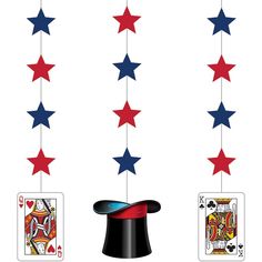 a hat, top hat and playing cards hanging from strings with red white and blue stars