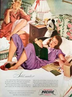 This original vintage magazine advertisement for Pacific Sheets featuring artwork by famous illustrator John Gannam was carefully rescued from a June 28, 1948 issue of Life Magazine.  The ad measures approximately 10 1/2" x 14". This is an original ad, not a reproduction and is in good shape to be over 70 years old. The paper does show some wear due to its age including some yellowing and browning. The edges may have a few small tears as well as small staple holes which would be concealed when matted and framed.   Please carefully view all pictures as you will receive the exact advertisement pictured. This ad is perfect for framing and would make a great piece of bedroom wall art or hotel decor, and a great gift for any collector. All of my vintage prints and advertisements are shipped ins Scrapbook Materials, Illustration Vintage, Norman Rockwell, Vintage Life, Magazine Ads, Vintage Advertisement, Vintage Valentines, Print Magazine, Vintage Magazine