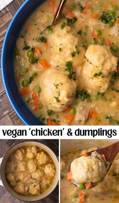 three pictures showing different types of soup with meatballs and dumplings in the bowl