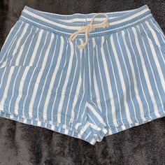 Nwt Size Small Aerie Shorts Canvas-Ish Material Blue And White Stripes With Cute Corded String Tie Perfect Condition Beachy Blue Bottoms For Day Out, Blue Beachy Cotton Bottoms, Beachy Blue Cotton Bottoms, Beachy Blue Relaxed Fit Bottoms, Aerie Shorts, White Stripe, Blue White, High Waist, Color Blue