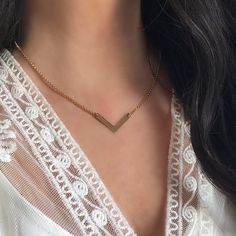 "The boho minimalist in you will just love wearing this gold chevron necklace simply for its sleek geometric arrow design and clean lines. A great necklace for layering with others or simply worn alone. This \"Go Your Own Way\" chevron necklace is available in this 14K gold fill and also in sterling silver. Your choice of finish and chain length is shown in the drop-down menus. {LISTING FEATURES} ~ 14K Gold fill chevron necklace ~ Shiny finish ~ Arrow shape ~ Sturdy 14K gold fill round link chai V Necklace, Necklace For Women Gold, Geometric Arrow, 30th Birthday Gift, Go Your Own Way, Chunky Bead Necklaces, Chevron Necklace, Princess Necklace, Gold Chevron