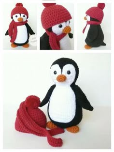 crocheted penguin with red scarf and hat on white background, four different views