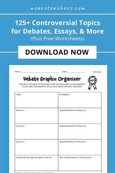 Empower your students to engage in lively discussions and thought-provoking essays! This comprehensive list of 125+ controversial topics will challenge students to dive deep into complex issues, form their own opinions, and effectively communicate them with others. Don't miss out on this opportunity to enhance learning and critical thinking skills. Grab your copy today and Download Now! Middle School English Lesson Plans, High School English Lessons, Persuasive Essay Topics, Teaching 6th Grade, Middle School Books, Persuasive Essay