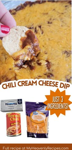 an advertisement for chili cream cheese dip