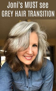 Joni grew out her dyed brown hair into a stunning silver color by ditching the dye and going cold turkey.  Her transition pix are a must-see! Dyed Brown Hair, Grey Hair Transition, Long Grey Hair, Gray Hair Pixie Cuts, Hair Highlights And Lowlights, Highlights Lowlights