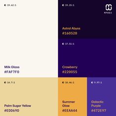 the color scheme for different types of paint colors and their names are shown in purple, blue, yellow, and red