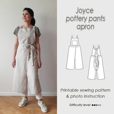 a woman standing in front of a white wall with the words joyce pottery pants apron