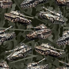 many tanks and rockets are depicted in this camouflage print fabric, which is very similar to the camo pattern