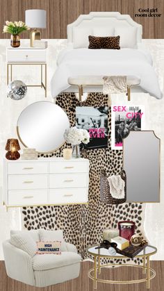 a bedroom with leopard print and white furniture