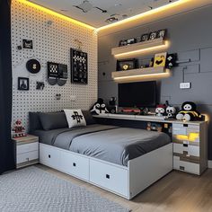 a bedroom with a bed, desk and shelves on the wall next to each other