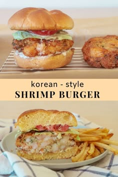 the korean style shrimp burger is served with fries