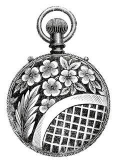 an antique pocket watch with flowers and leaves on the dial, vintage line drawing or engraving illustration