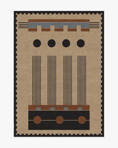 a brown and black rug with an image of a train engine on it's side