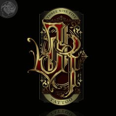 an ornate gold and red tattoo design with the letter b in it's center