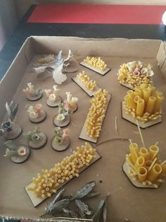 some pasta and other items are sitting on a cardboard box with holes in the middle