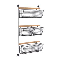 three tiered metal basket rack with wheels and wooden handles on the bottom, one is holding two baskets