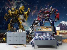 a bedroom scene with a bed, dresser and wall mural depicting two robots in space