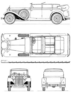 an old car is shown in three different views, including the front and back view