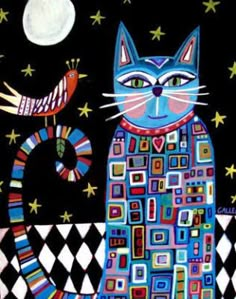 a painting of a cat sitting in front of a full moon