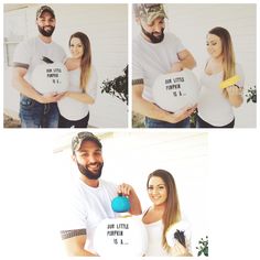 a man and woman are holding balloons in front of a white house with words on them