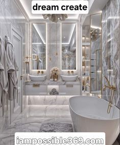 a bathroom with white marble walls and flooring is featured in the magazine dream create