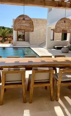 an outdoor dining table and chairs next to a swimming pool with wicker lamps hanging from the ceiling