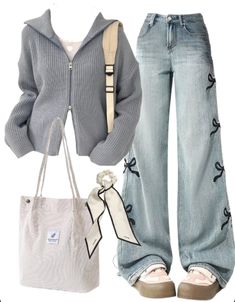 OOTD: Zip Up Cardigan + Bow Jeans + Corduroy Tote Bag New Jeans Outfit, Cute Jeans Outfit, What To Wear With Jeans, Simplistic Fashion, Outfit Ideas With Jeans, Jeans Bags Ideas, Aesthetic Ropa, Outfits With Jeans, Bow Jeans