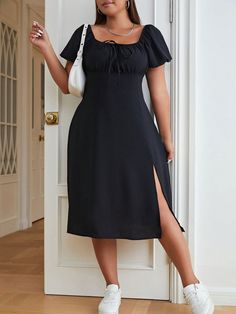 Negro Casual Collar manga corta Tela tricotada Liso A línea Embellished No-Elástico Plus Size Outfits Casual, Everyday Dresses Casual, Casual Dresses Plus Size, Iranian Women Fashion, Black Prom Dress, Photoshoot Dress, Sophisticated Dress, Modest Clothing