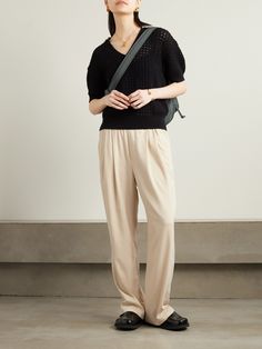 Varley's sophisticated 'Riggs' pants offer the comfort of loungewear with a smarter look. They're cut from fluid jersey and topped with a ribbed, stretch waistband. Pair yours with a cropped shirt or cozy knit. Knitted Loungewear, Flat Dress Shoes, Dress Flats, Cropped Shirt, Flare Trousers, Cozy Knit, Fitted Trousers, Cozy Knits, Straight Pants