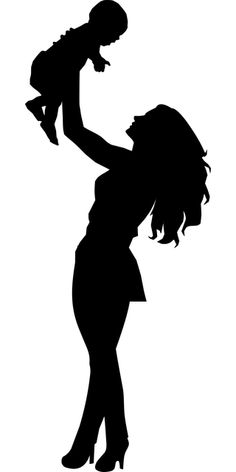 a silhouette of a woman holding a baby up in the air with her arms stretched out