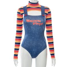 a mannequin wearing a blue bodysuit with an orange and red striped sleeve