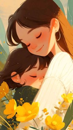 two women hugging each other in front of yellow flowers