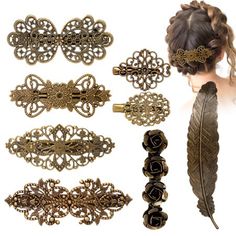 These TSV's bronze hair clips with 8 different styles, namely hollow carving flower, tone flower, royal flower, four flowers, rose flower, double ring flower, vine, and leaf. With vintage design are fashionable, helping to make charming hairstyles for you. Retro vintage hair clips are made of metal alloy, electroplated to be a row of bronze flower hair barrette clips, build elegant. Sturdy and solid, the surfaces are well polished, smooth, and beautiful, won't pull your hair or scratch your scal Antique Hair Combs, Bronze Hair, Headpiece Accessories, Tortoise Shell Hair, Hair Styling Accessories, Vintage Hair Clips, Rhinestone Hair Clip, Metal Hair Clips, Metal Hair