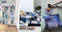 three different rooms with blue and white decor