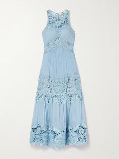 SEA Bente tiered lace-trimmed crepon midi dress | NET-A-PORTER Elegant Light Blue Lace Patchwork Dress, Light Blue Bohemian Dress With Lace Trim, Light Blue Lace Dress With Lace Trim, Feminine Blue Dress With Lace Patchwork, Elegant Blue Maxi Dress With Lace Trim, Elegant Blue Dress With Delicate Lace, Blue Scalloped Lace Dress For Summer, Blue Scalloped Lace Summer Dress, Elegant Light Blue Tiered Maxi Dress