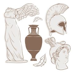 an image of ancient greek art with wings and vases on white background stock photo