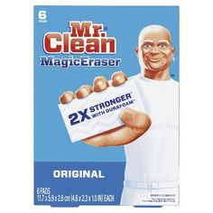 a box of mr clean magic erasers with an image of a man holding a card