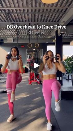 two women in pink leggings and white top doing exercises