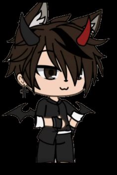 an anime character with horns on his head and black clothes, holding a knife in one hand