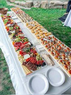 a long table filled with lots of food on top of a grass covered park area