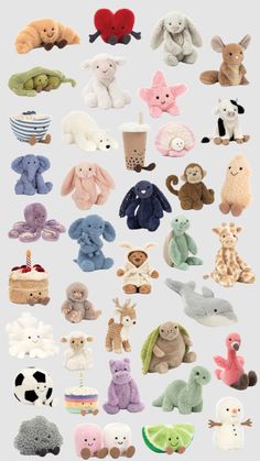 many different stuffed animals are arranged together