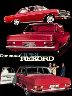 an advertisement for a red car with two men standing next to it