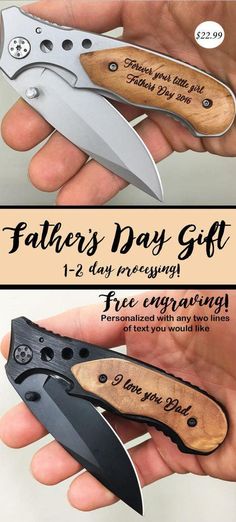 two different types of knifes with the words father's day gift written on them